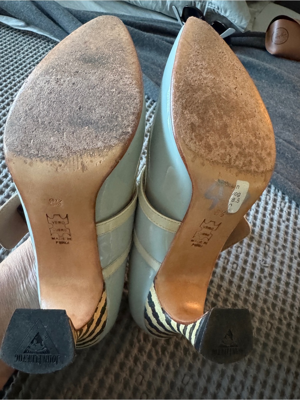 VINTAGE 1960’s John Fluevog Pale Blue Patent Mary Jane Pumps with Striped Heel - Picture 10 of 11